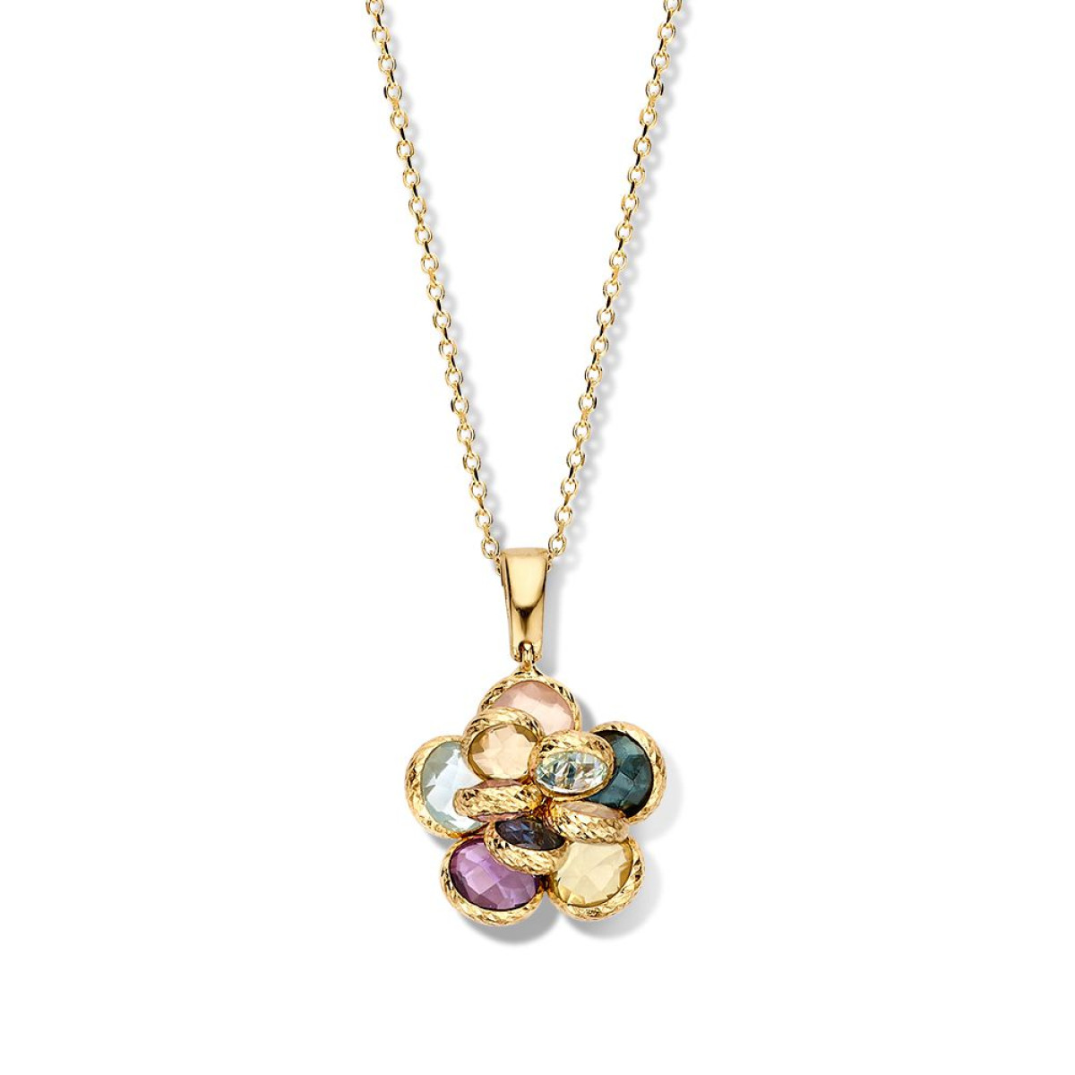 14-karaat gouden bloem ketting met amethist, rozekwarts en topaas - Lengte 42 cm