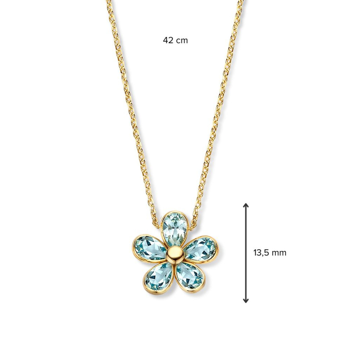 14-karaat gouden bloem ketting met blauwe topaas - Lengte 43-45 cm