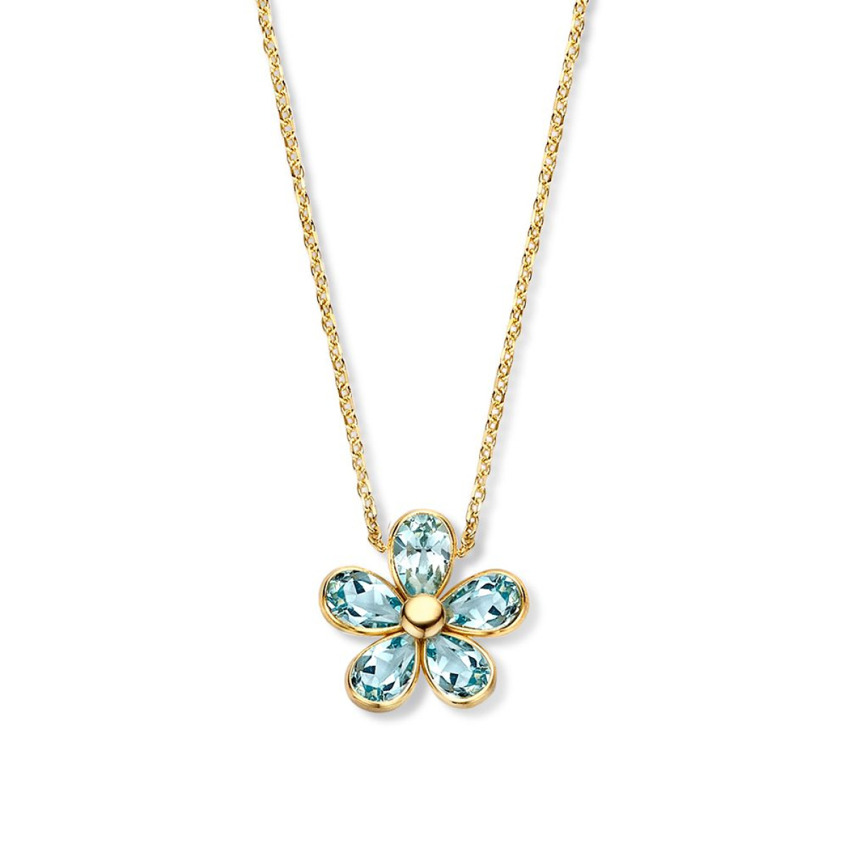 14-karaat gouden bloem ketting met blauwe topaas - Lengte 43-45 cm