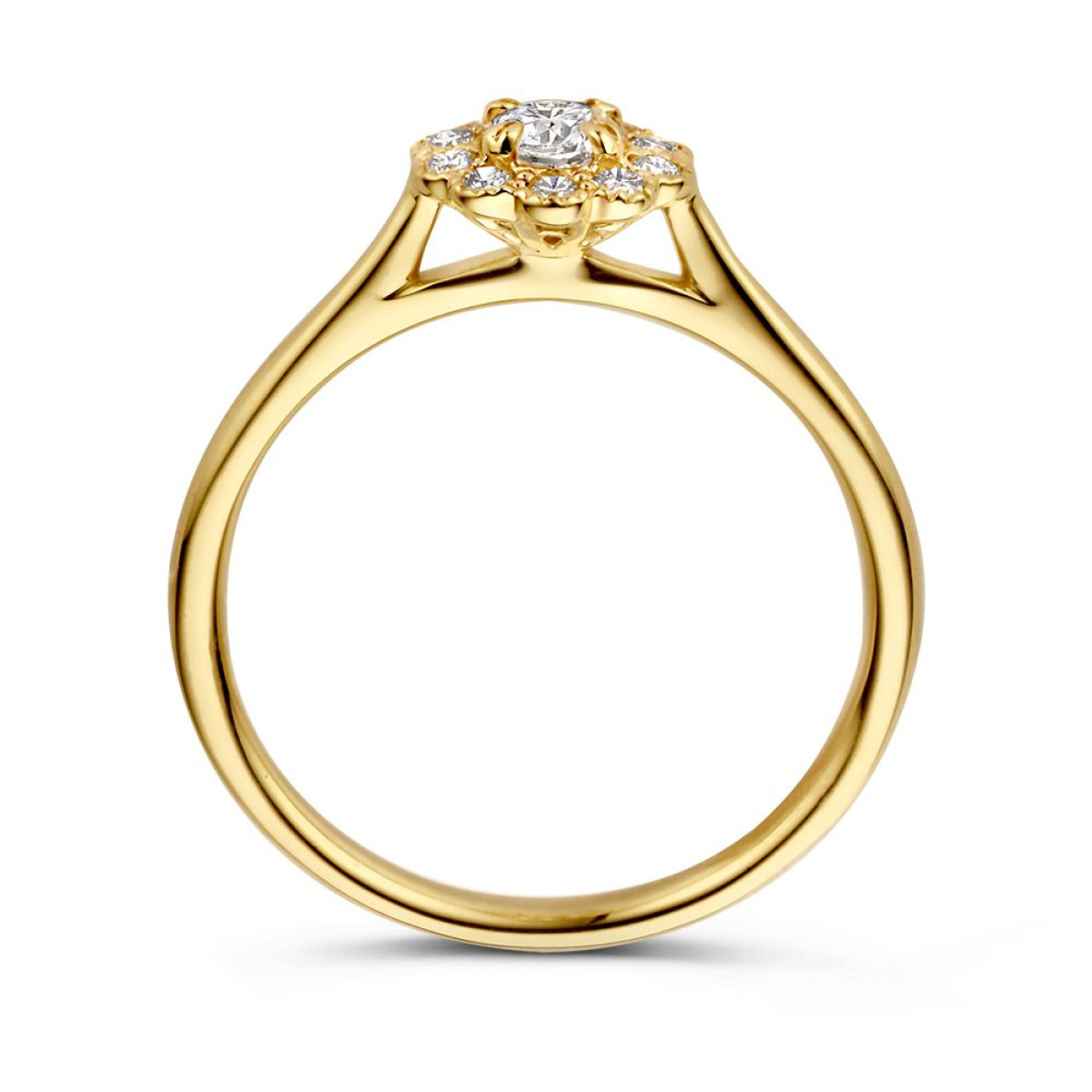 14-karaat gouden bloemen ring met diamanten halo 0.43 crt