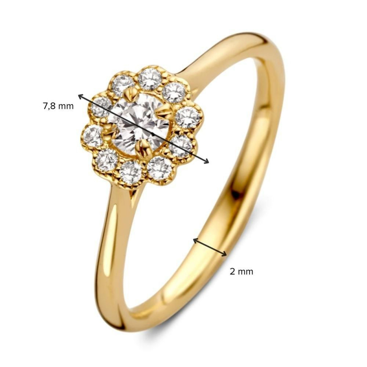 14-karaat gouden bloemen ring met diamanten halo 0.43 crt