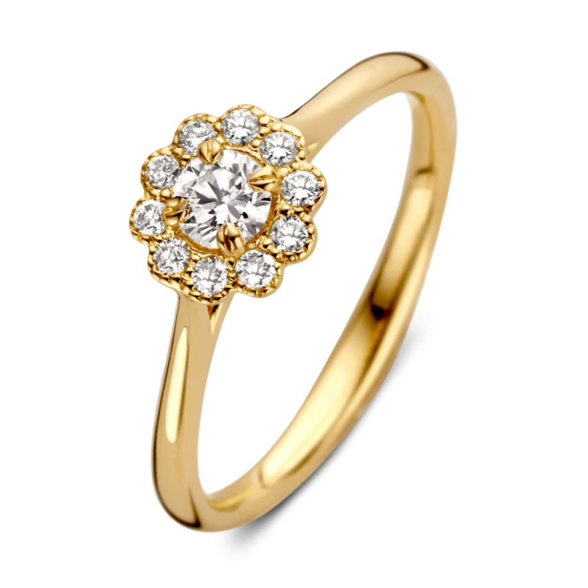 14-karaat gouden bloemen ring met diamanten halo 0.43 crt