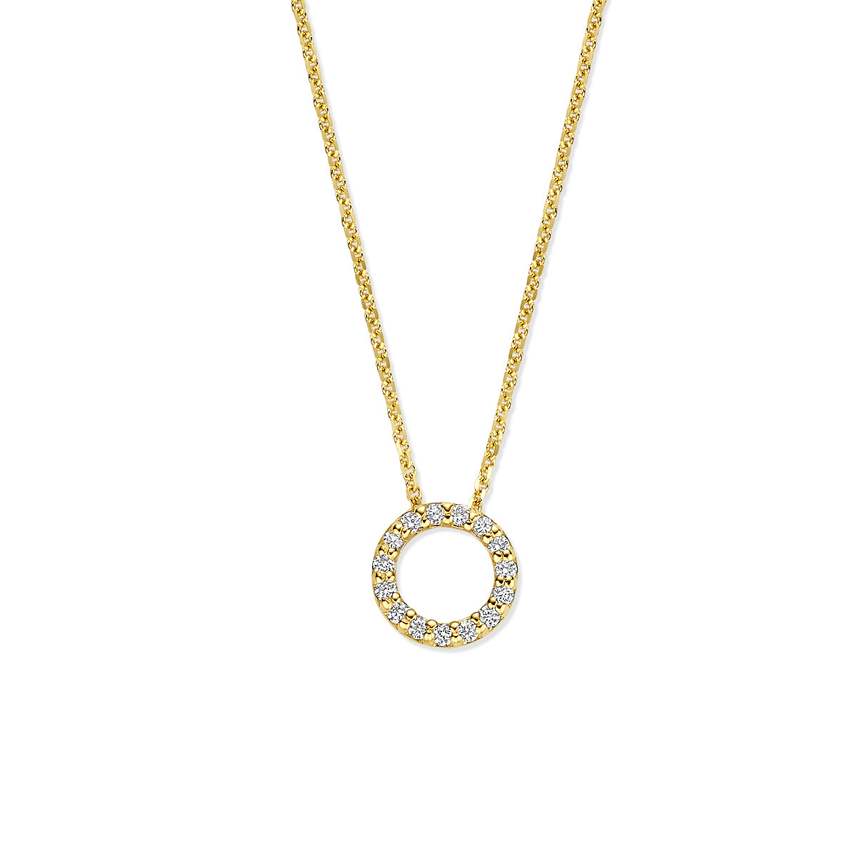14-karaat gouden collier met cirkel hanger van lab grown diamanten 0.08 crt - Lengte 40-42-44 cm
