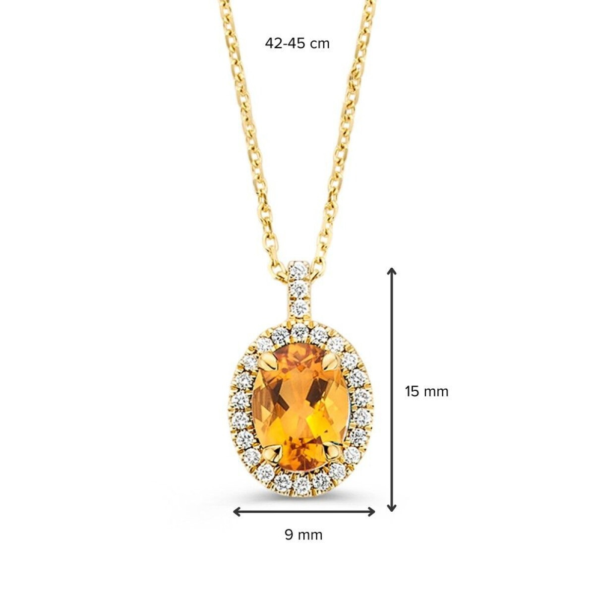 14-karaat gouden collier met oranje citrien hanger en halo van diamanten 0.14 crt - Lengte 42-45 cm