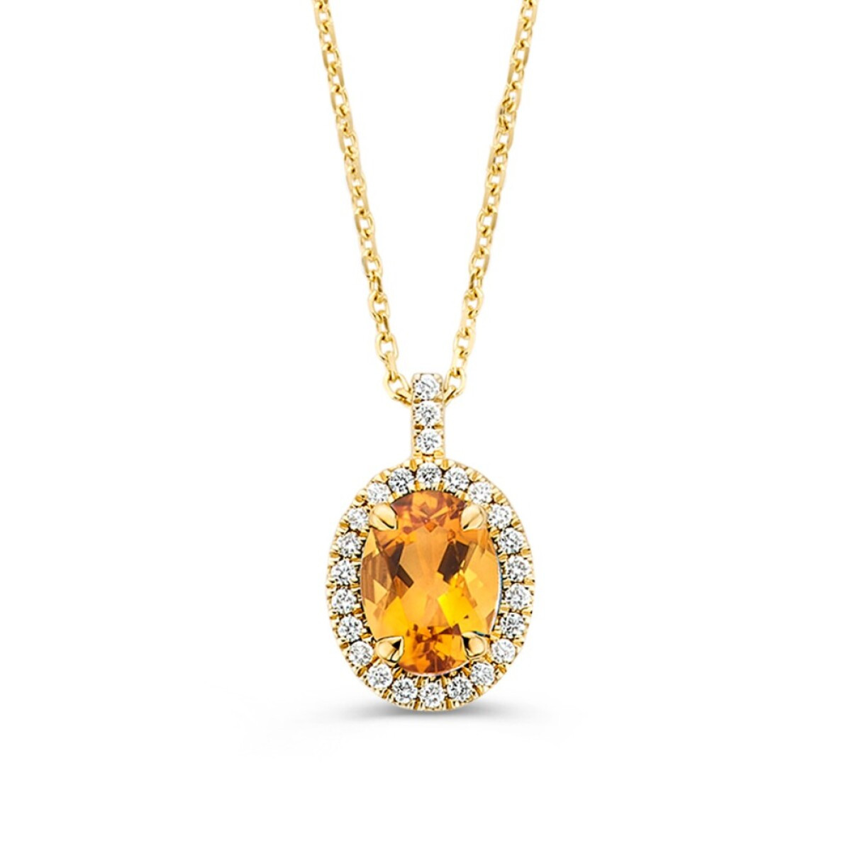 14-karaat gouden collier met oranje citrien hanger en halo van diamanten 0.14 crt - Lengte 42-45 cm