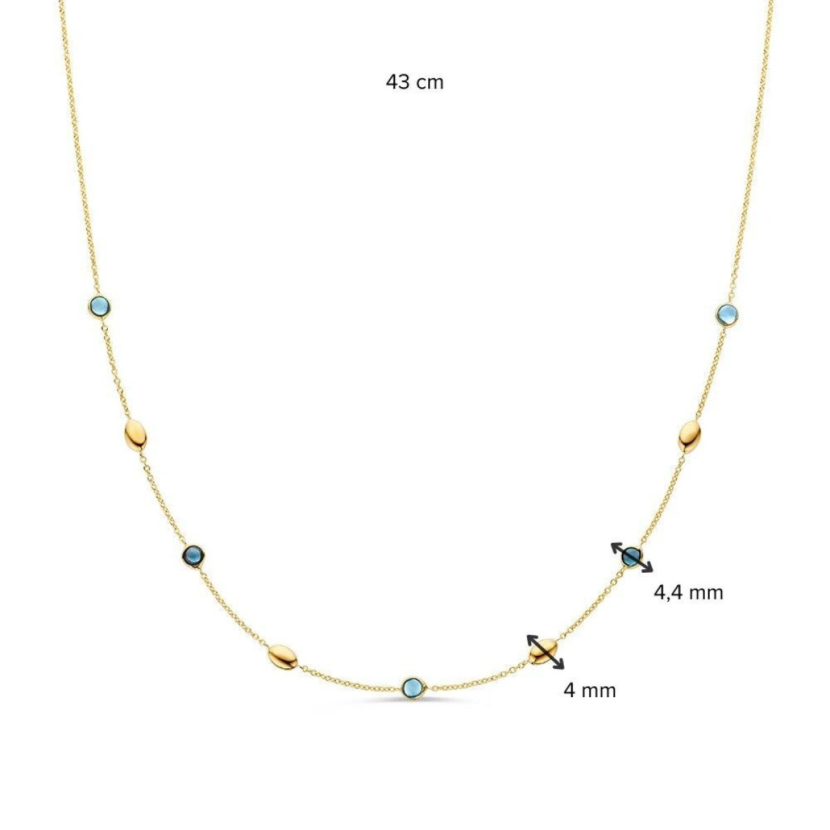 14-karaat gouden collier met ovaaltjes en blauwe topaas cabochon geslepen - Lengte 43 cm
