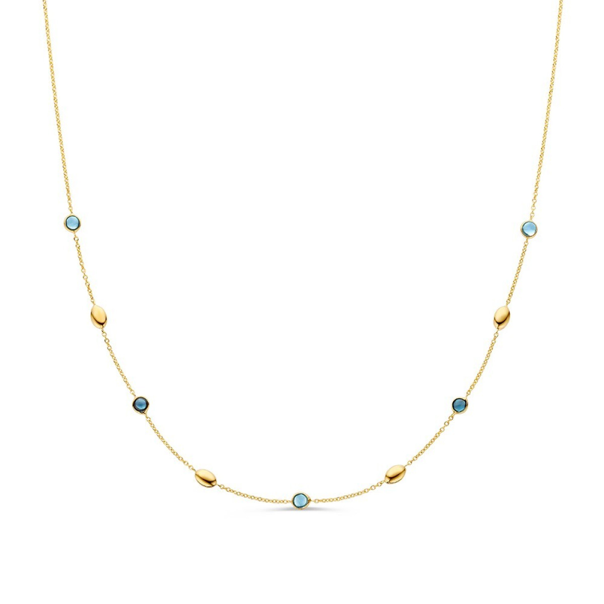 14-karaat gouden collier met ovaaltjes en blauwe topaas cabochon geslepen - Lengte 43 cm