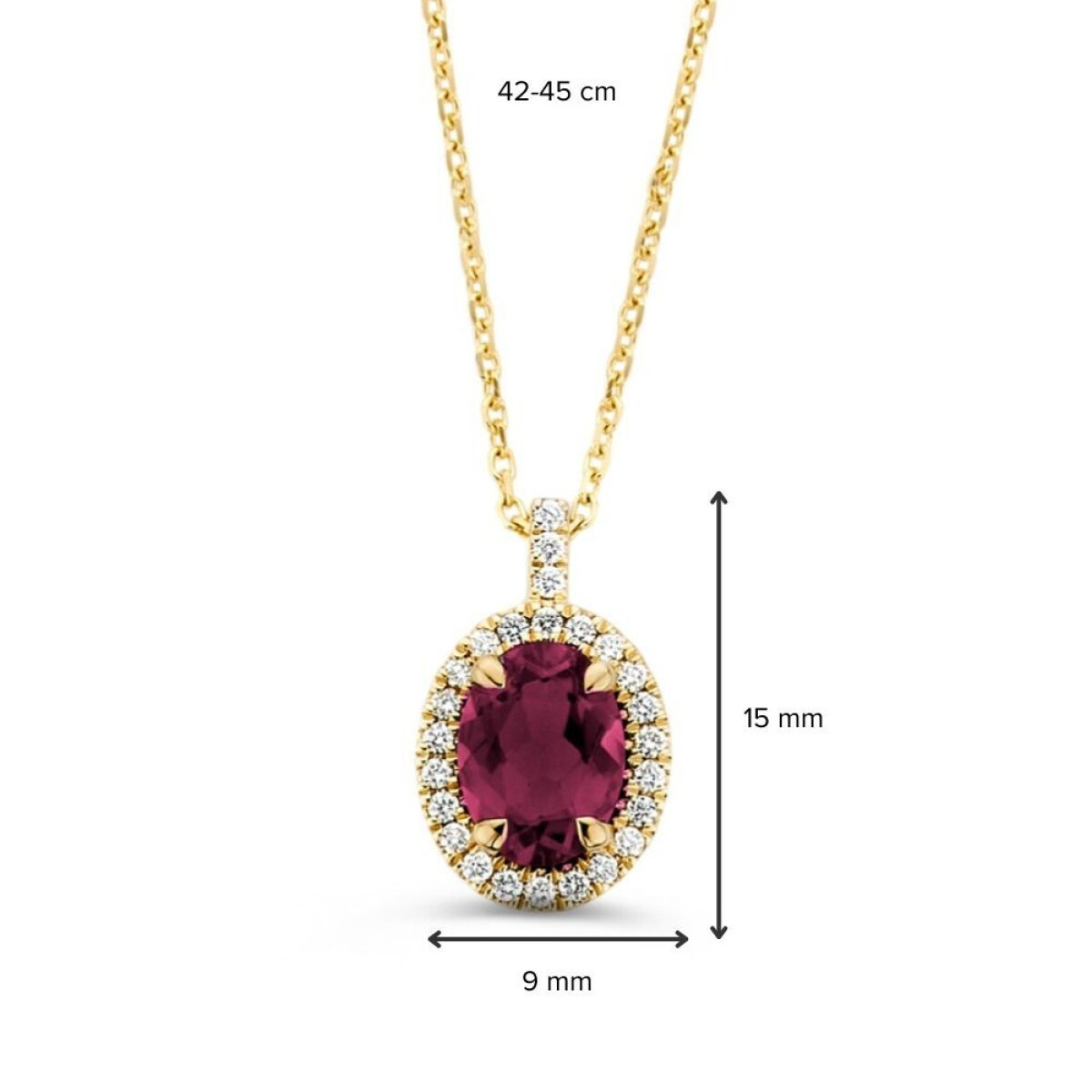14-karaat gouden collier met roze toermalijn en halo van diamanten 0.14 crt - Lengte 42-45 cm