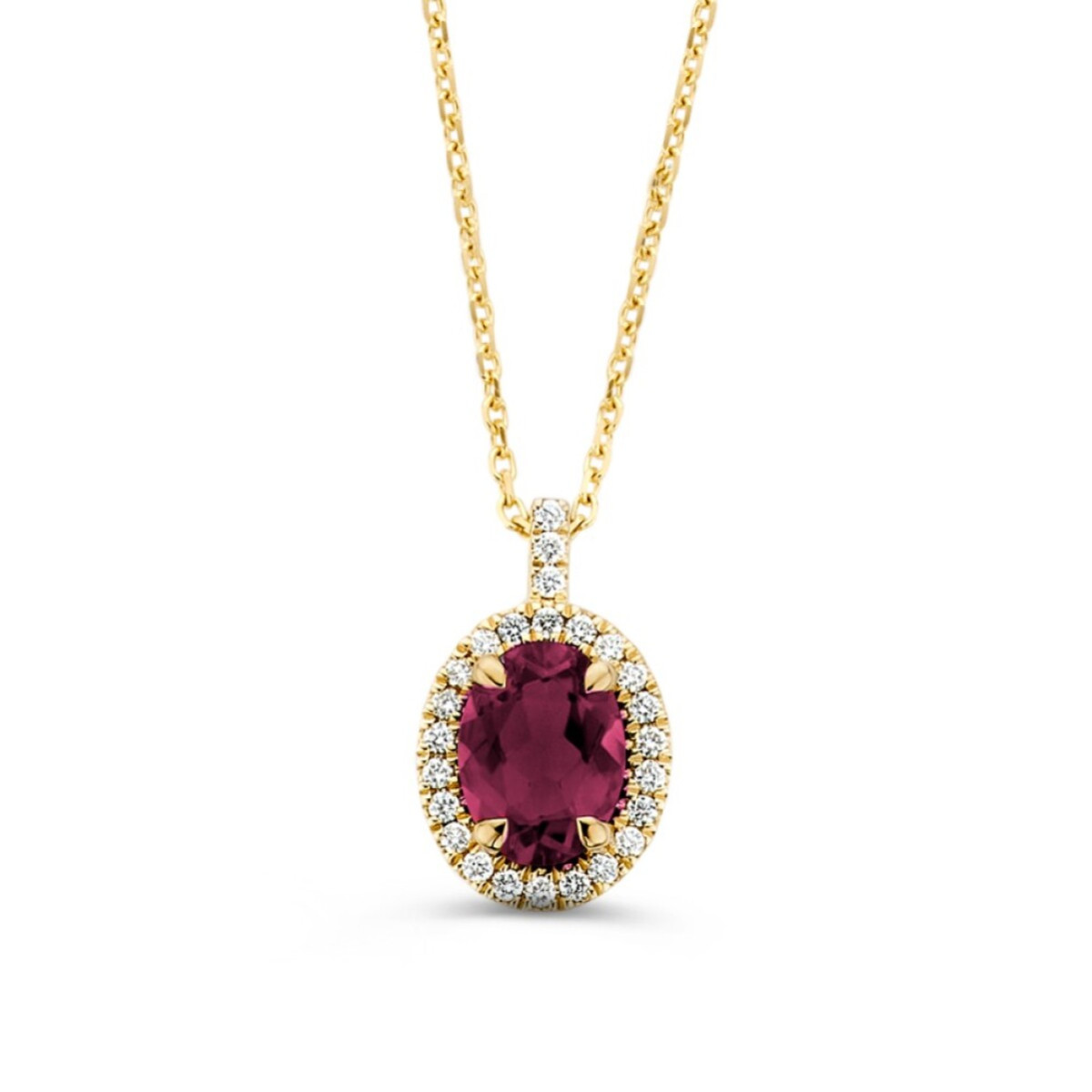 14-karaat gouden collier met roze toermalijn en halo van diamanten 0.14 crt - Lengte 42-45 cm