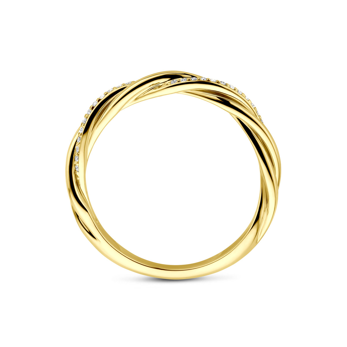 14-karaat gouden cross-over ring met natuurlijke diamant 0.08 crt 3 mm breed