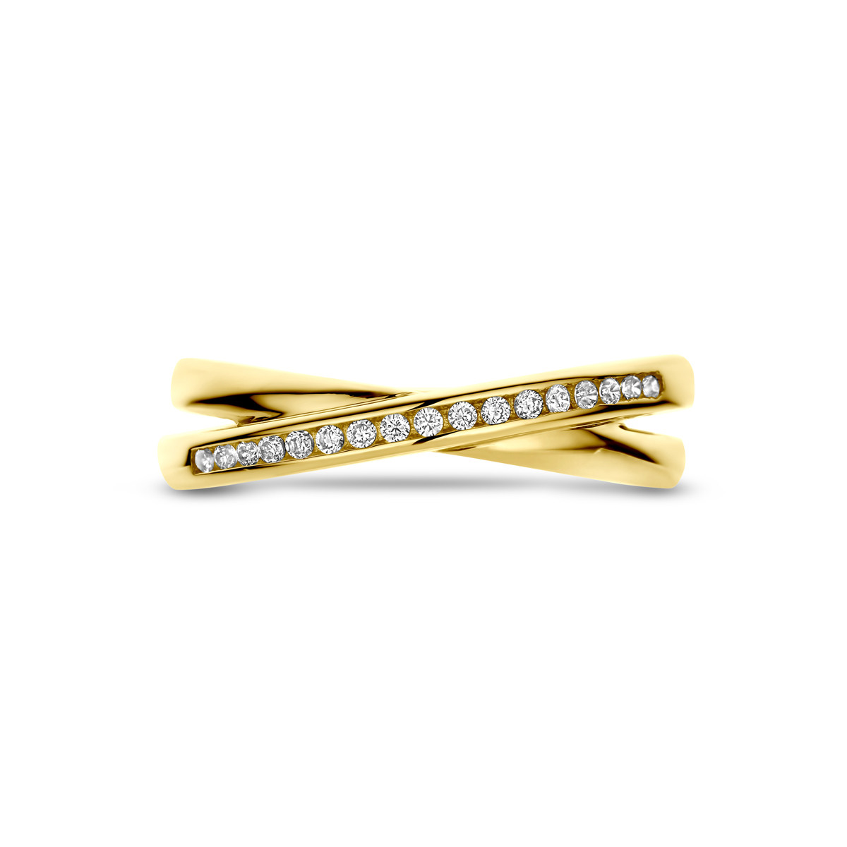 14-karaat gouden crossover ring met zirkonia's pavé gezet 5 mm breed