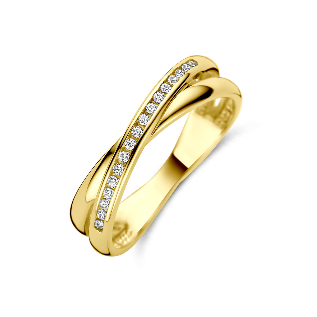 14-karaat gouden crossover ring met zirkonia's pavé gezet 5 mm breed