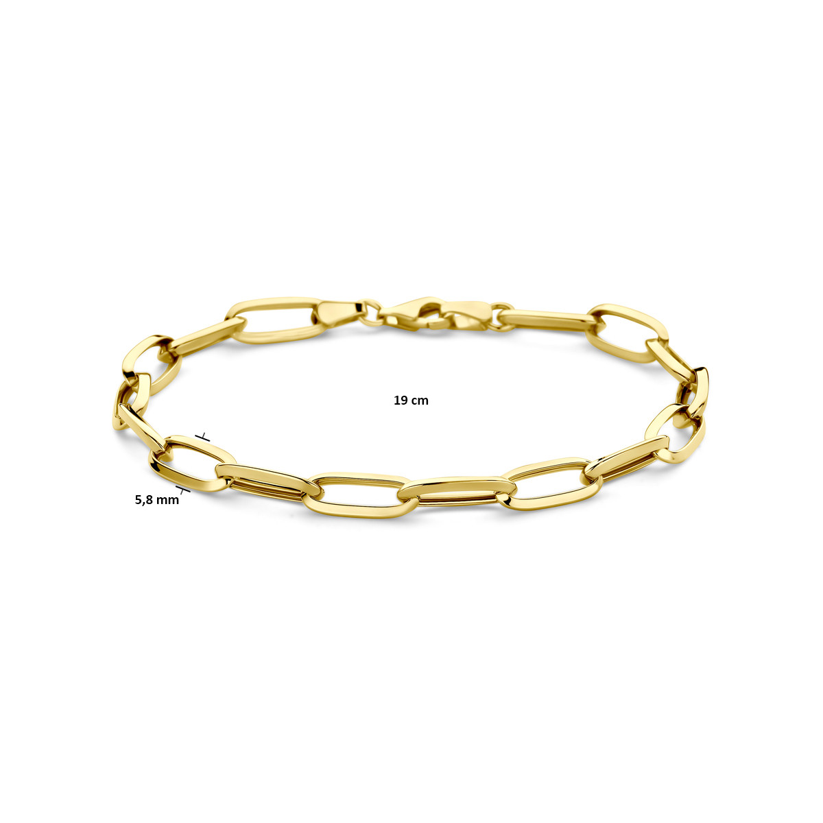 14-karaat gouden dames armband met glanzende paperclip schakels 5.8 mm breed - Lengte 19 cm