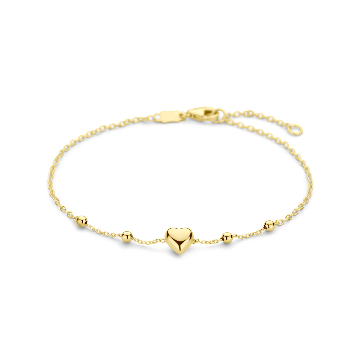 14-karaat gouden damesarmband met hartje en bolletjes - Lengte 16-18 cm
