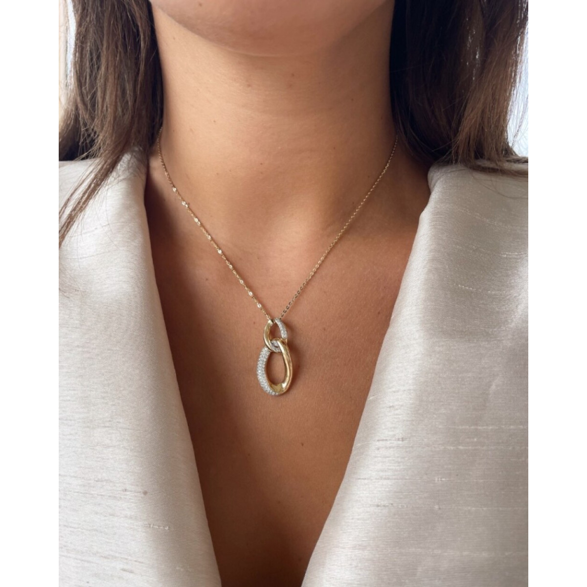 14-karaat gouden diamanten ketting met twee ovale hangers 0.39 crt - Lengte 45 cm
