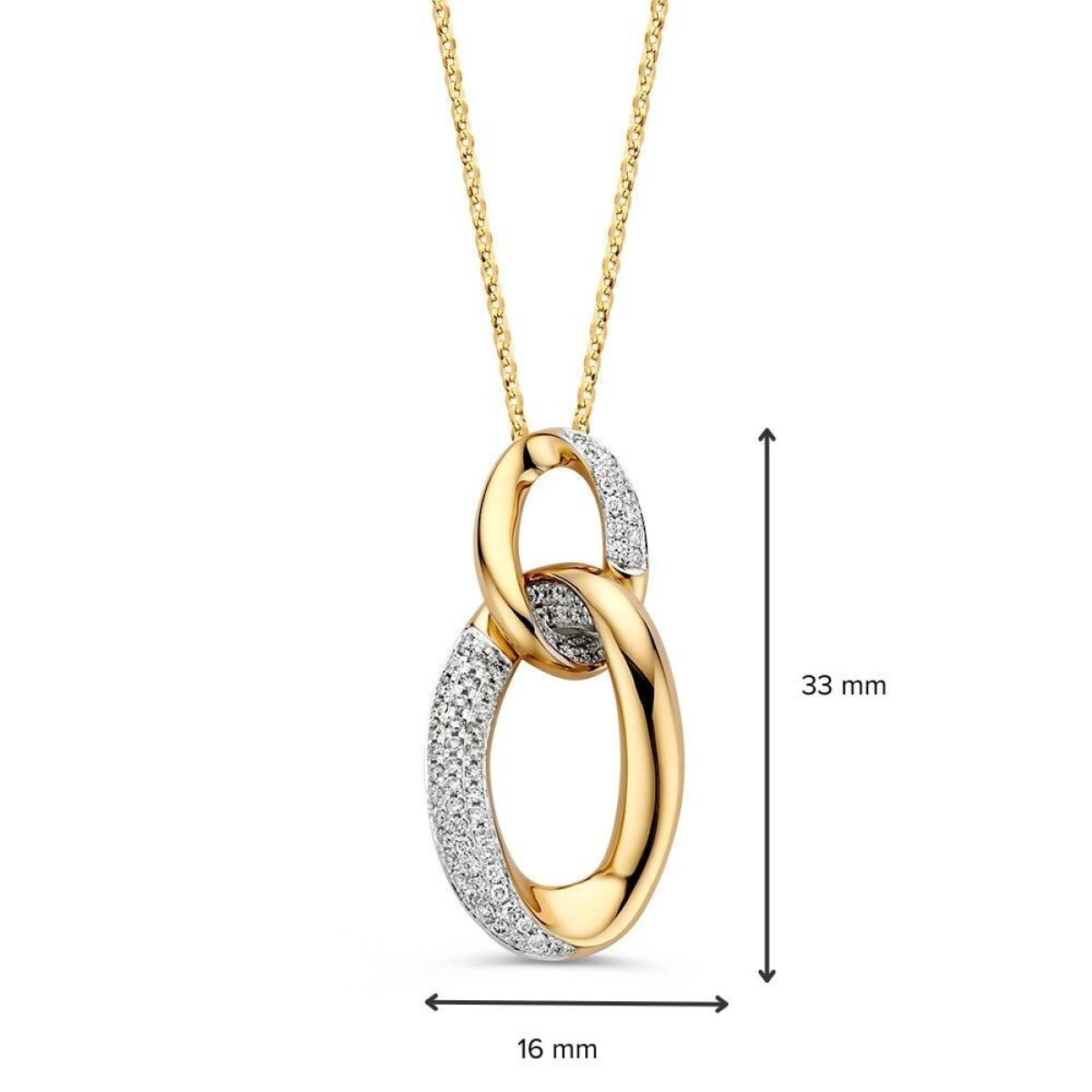 14-karaat gouden diamanten ketting met twee ovale hangers 0.39 crt - Lengte 45 cm