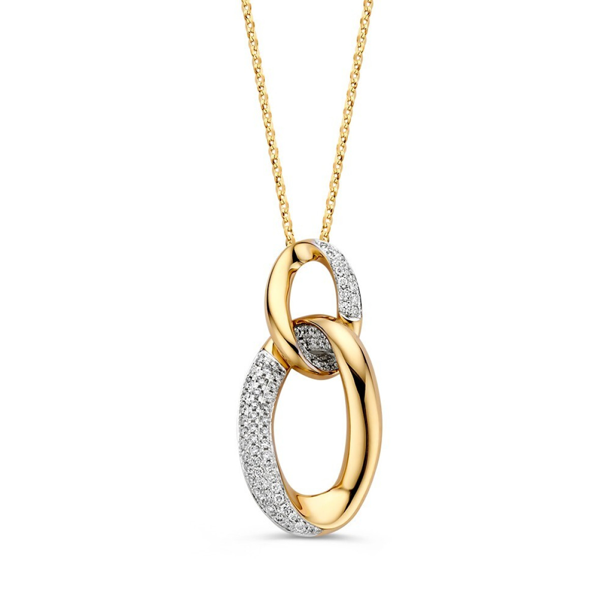 14-karaat gouden diamanten ketting met twee ovale hangers 0.39 crt - Lengte 45 cm