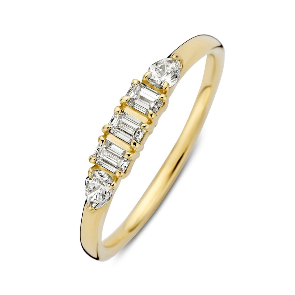 14-karaat gouden diamanten ring baguette en peer 0.42 crt 3.4 mm breed
