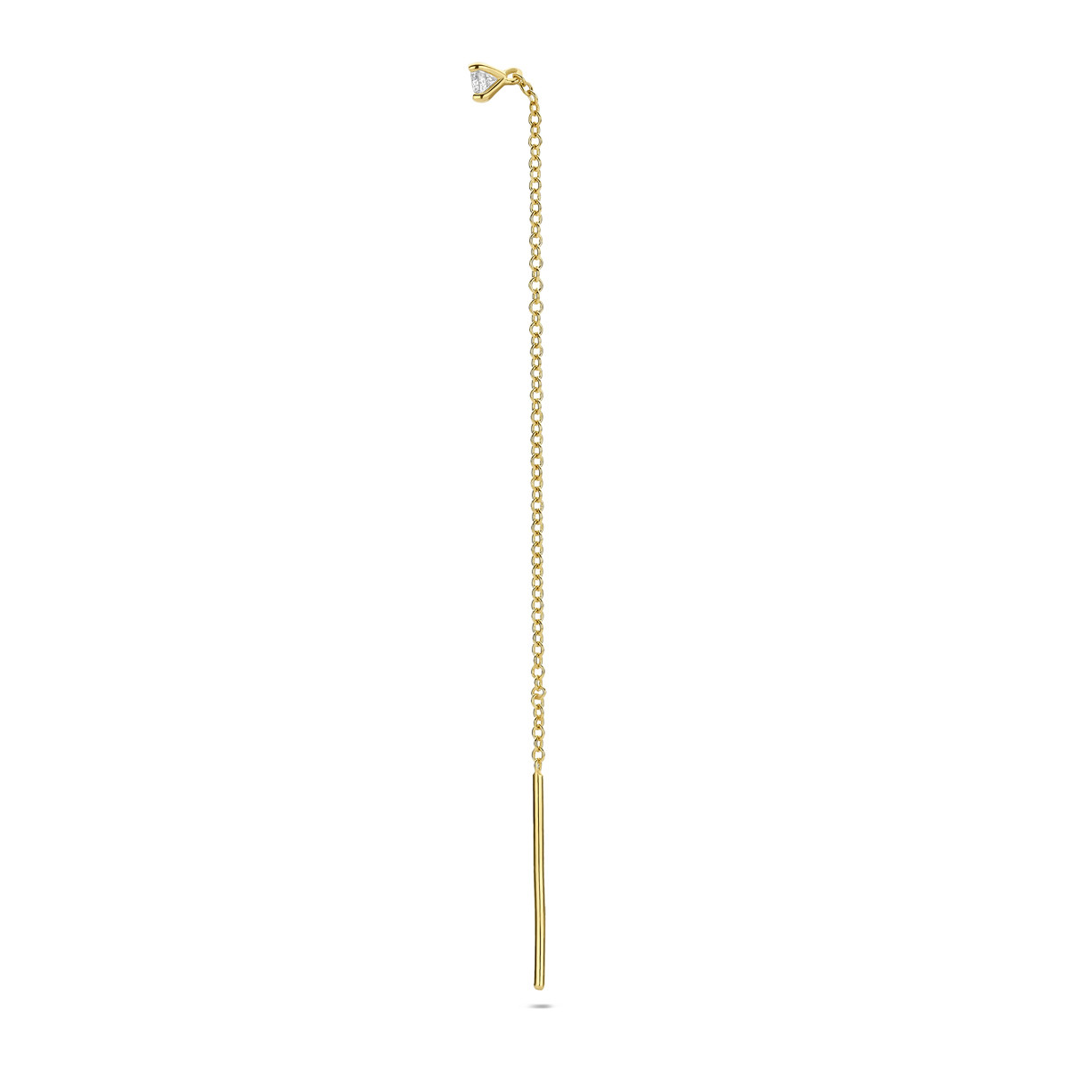 14-karaat gouden doortrek oorbel met een diamant 0.1 crt de ketting is 1.1 mm breed en 7cm lang