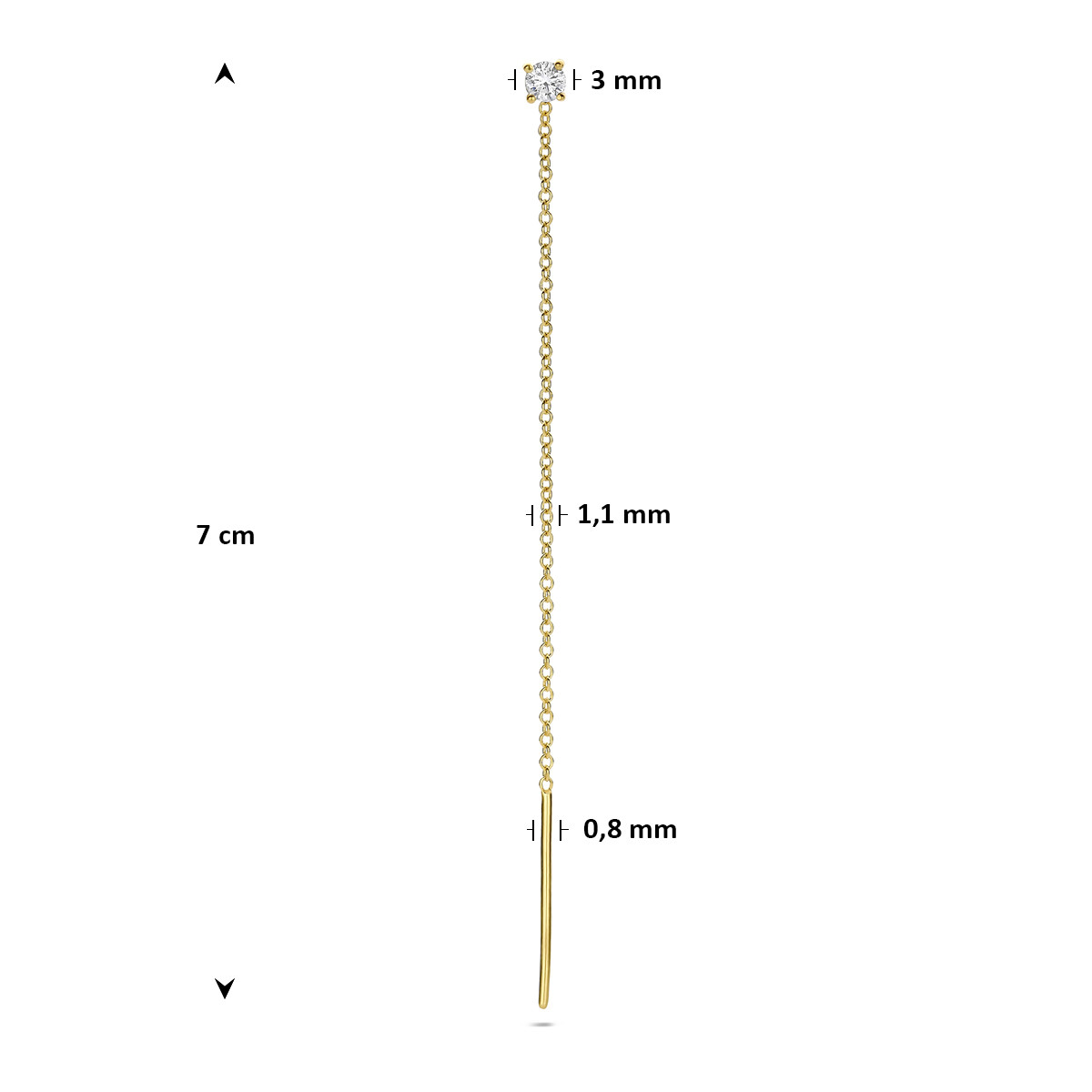 14-karaat gouden doortrek oorbel met een diamant 0.1 crt de ketting is 1.1 mm breed en 7cm lang