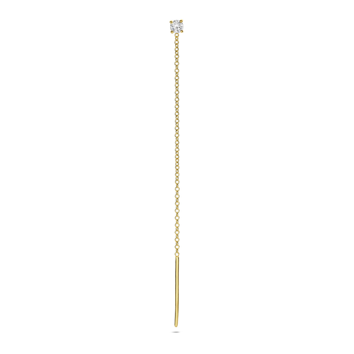 14-karaat gouden doortrek oorbel met een diamant 0.1 crt de ketting is 1.1 mm breed en 7cm lang