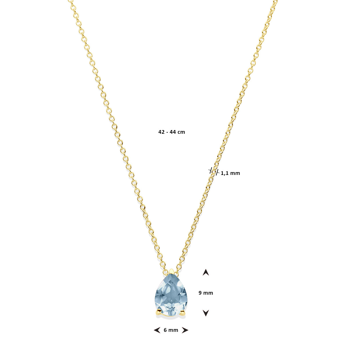 14-karaat gouden druppel ketting met blauwe topaas van 6 mm x 9 mm - Lengte 42-44 cm
