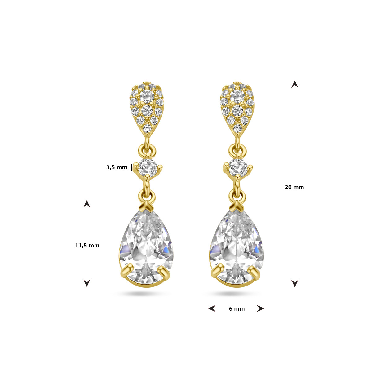 14-karaat gouden druppel oorhangers met zirkonia's  - 6 mm x 20 mm