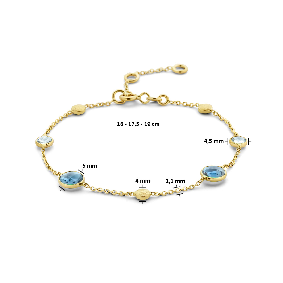 14-karaat gouden edelsteen armband met London blue en blauw topaas - Lengte 16 - 17.5 - 19 cm