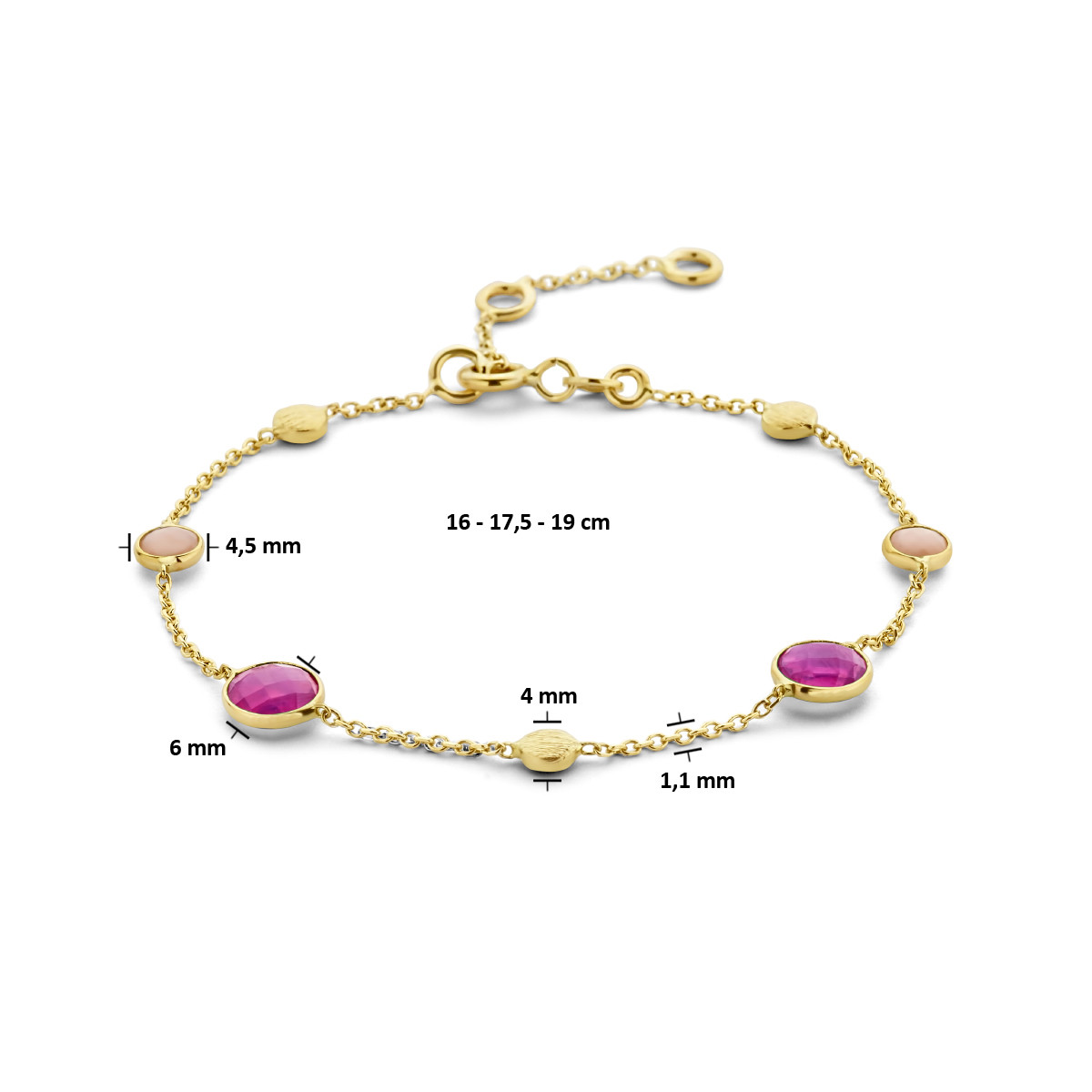 14-karaat gouden edelsteen armband met robijn, opaal en rondjes - Lengte 16 - 17.5 - 19 cm