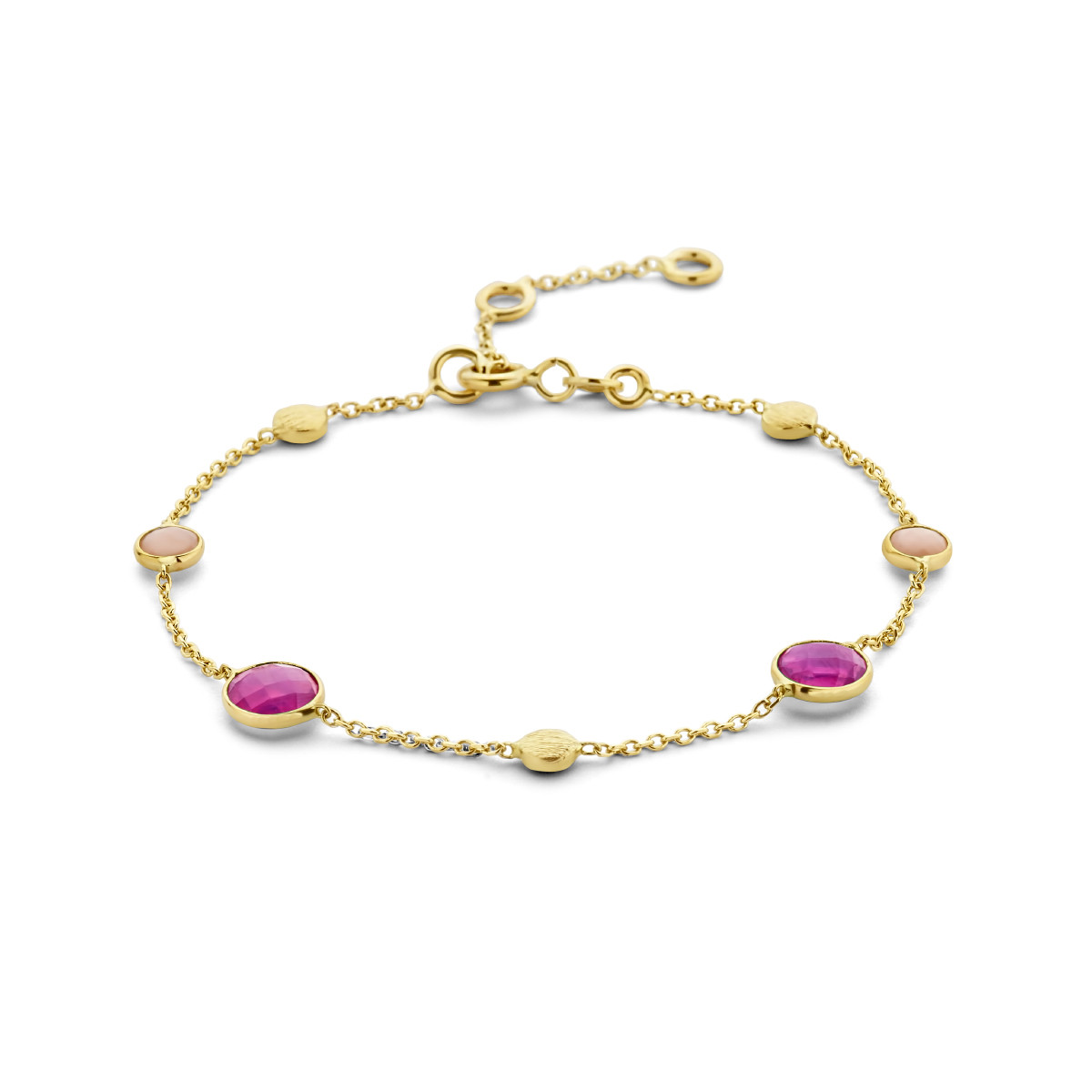 14-karaat gouden edelsteen armband met robijn, opaal en rondjes - Lengte 16 - 17.5 - 19 cm