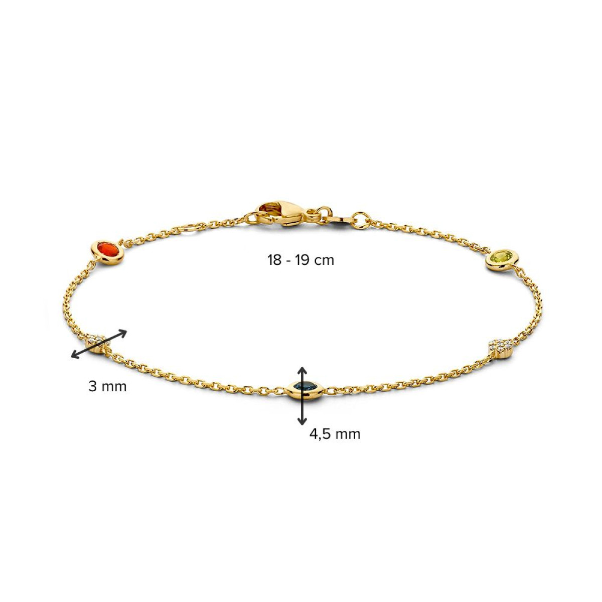 14-karaat gouden edelsteen armband met ronde topaas, peridoot, vuuropaal en diamant - Lengte 18-19 cm