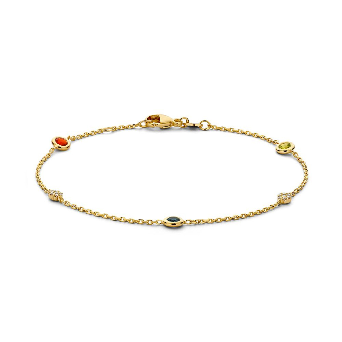 14-karaat gouden edelsteen armband met ronde topaas, peridoot, vuuropaal en diamant - Lengte 18-19 cm