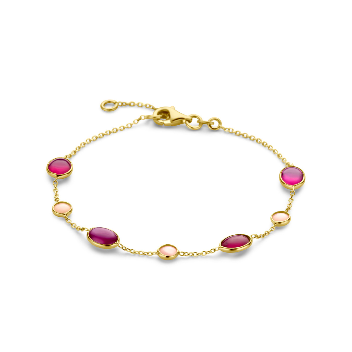 14-karaat gouden edelsteen armband met roze opaal en robijn - Lengte 17-19 cm