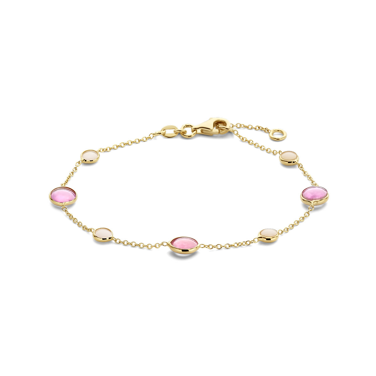 14-karaat gouden edelsteen armband met roze robijn en roze opaal - Lengte 17 - 19 cm