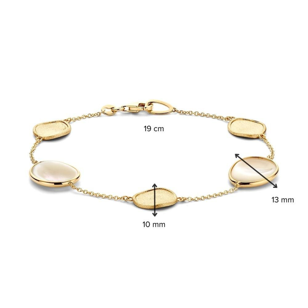 14-karaat gouden edelsteen armband met witte parelmoer en gouden hangers - Lengte 19 cm