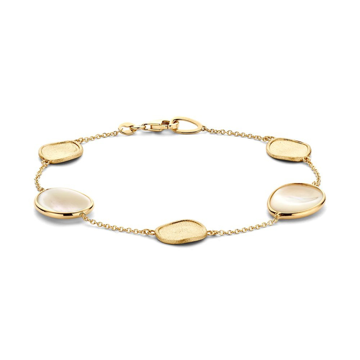 14-karaat gouden edelsteen armband met witte parelmoer en gouden hangers - Lengte 19 cm