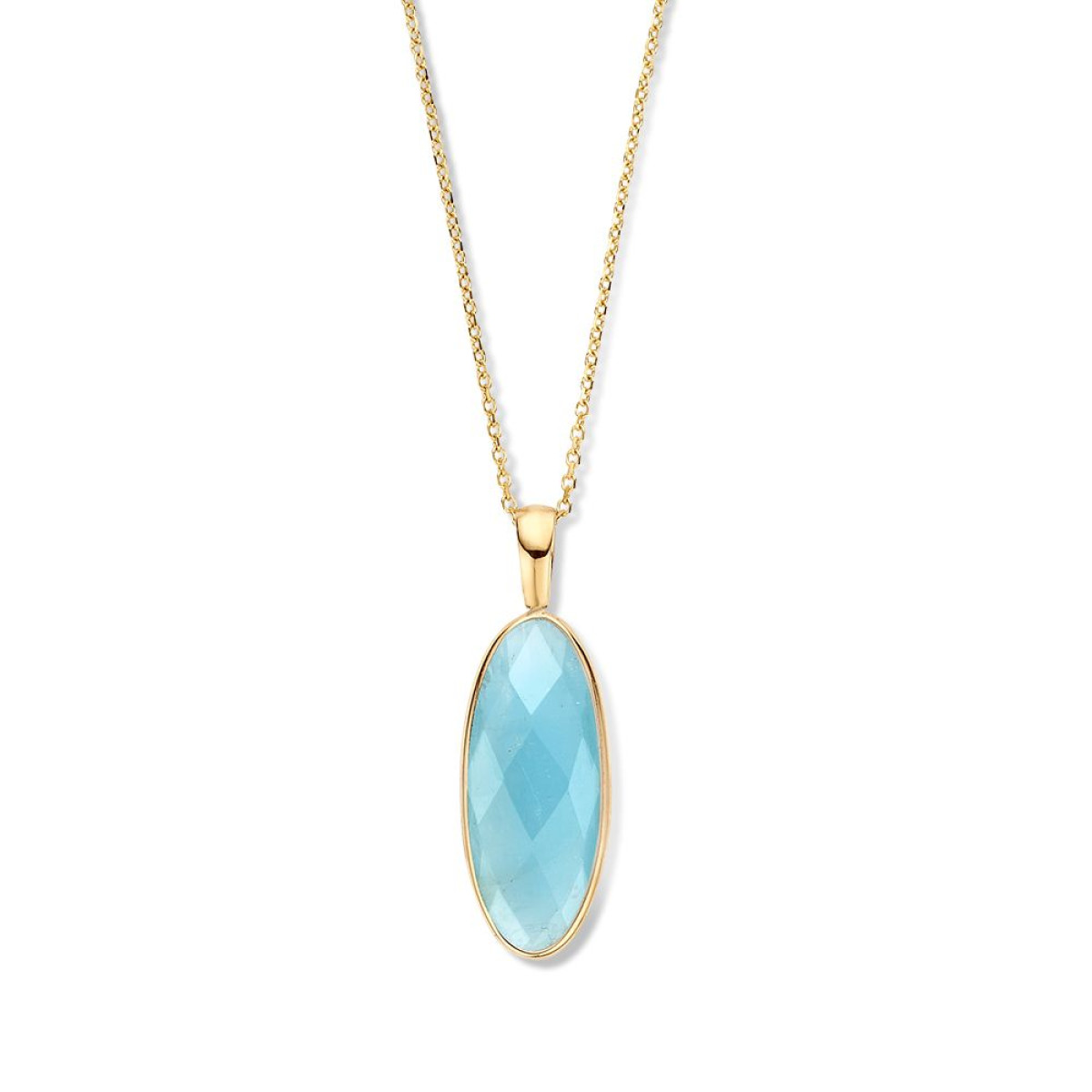 14-karaat gouden edelsteen ketting met ovale aquamarijn hanger - Lengte 43-45 cm