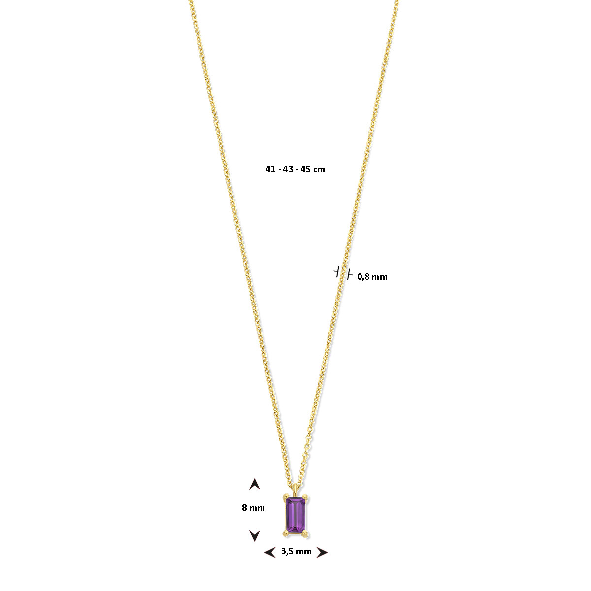 14-karaat gouden edelsteen ketting met paarse amethist rechthoek - Lengte 41-42-45 cm