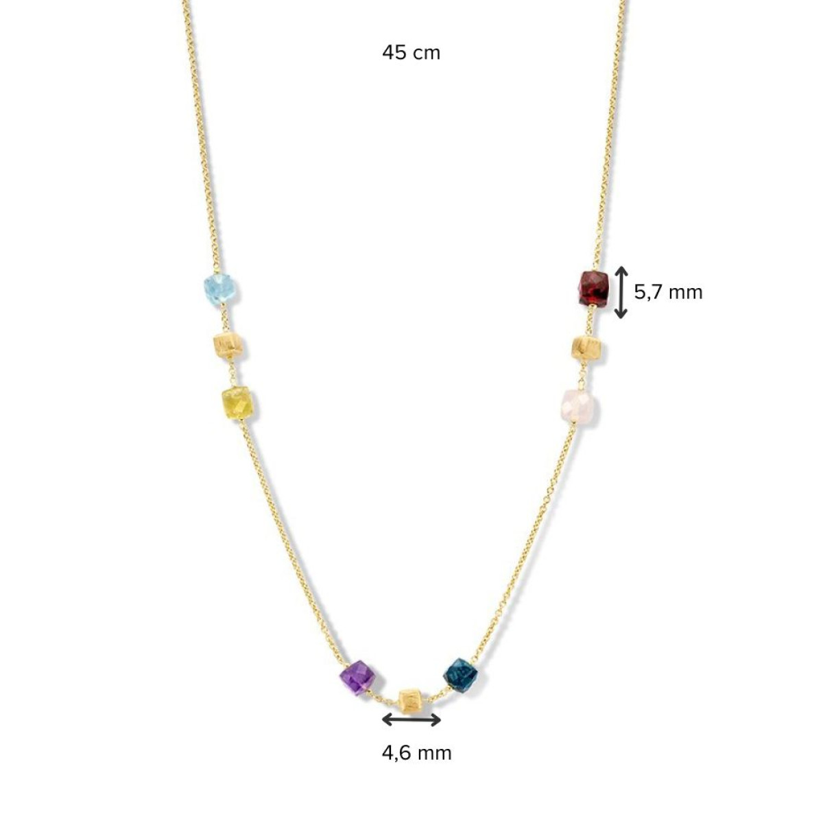 14-karaat gouden edelsteen ketting met vierkante edelstenen amethist, granaat, peridoot, topaas en rozekwarts - Lengte 45 cm