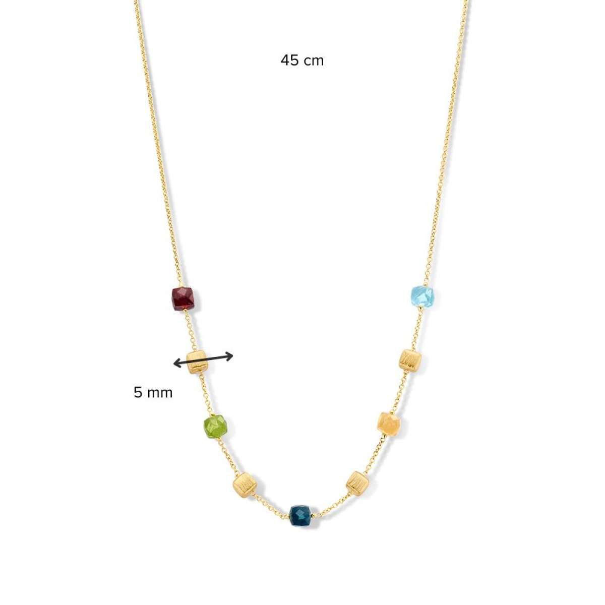 14-karaat gouden edelsteen ketting met vierkante edelstenen granaat, peridoot, topaas en citrien - Lengte 45 cm