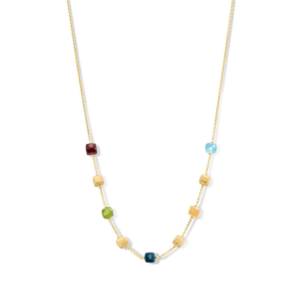 14-karaat gouden edelsteen ketting met vierkante edelstenen granaat, peridoot, topaas en citrien - Lengte 45 cm