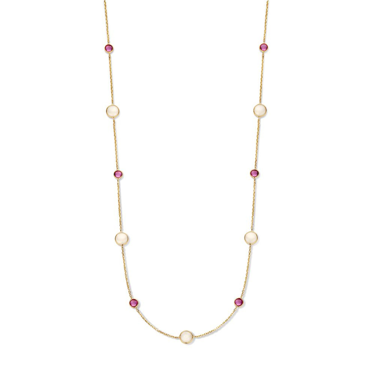 14-karaat gouden edelsteen ketting met witte maansteen en rode robijn - Lengte 45 cm