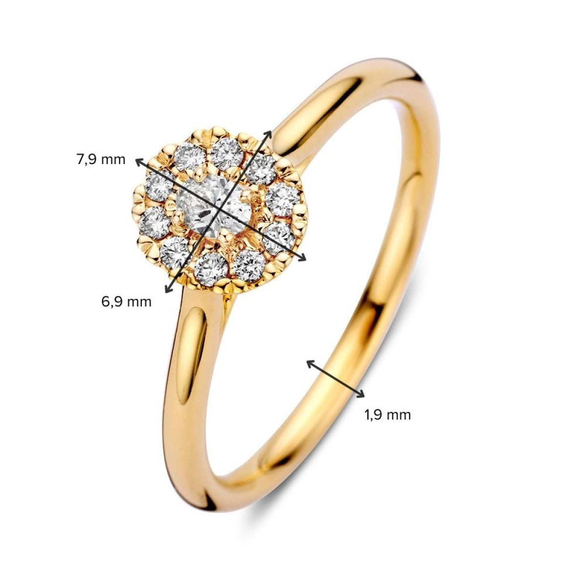 14-karaat gouden entourage ring met ovaal en briljant geslepen diamanten van 0.21 crt