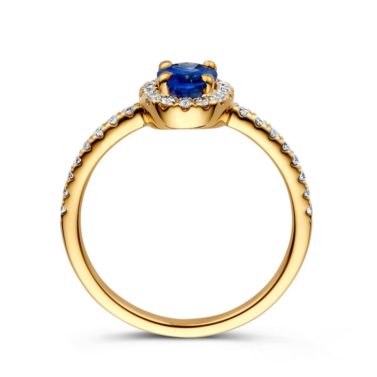 14-karaat gouden entourage ring met ovale saffier en diamant 0.32 crt 10 mm breed