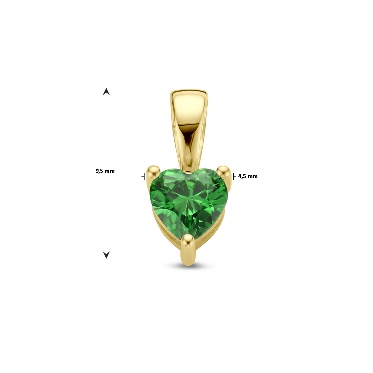 14-karaat gouden geboortesteen hanger mei met hartje en groene zirkonia - 4.5 mm x 9.5 mm