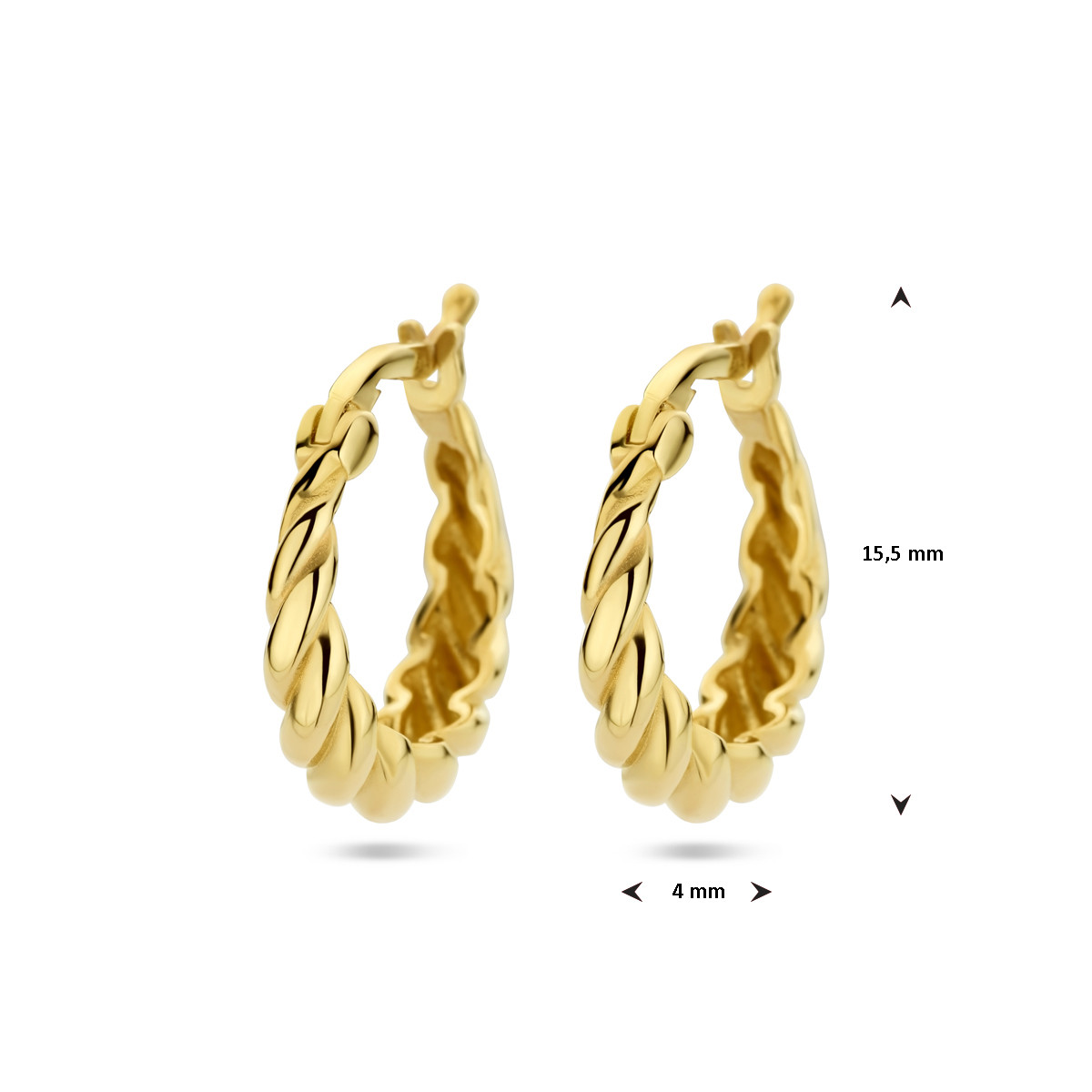 14-karaat gouden gedraaide croissant oorringen 4 mm breed - Diameter 15.5 mm