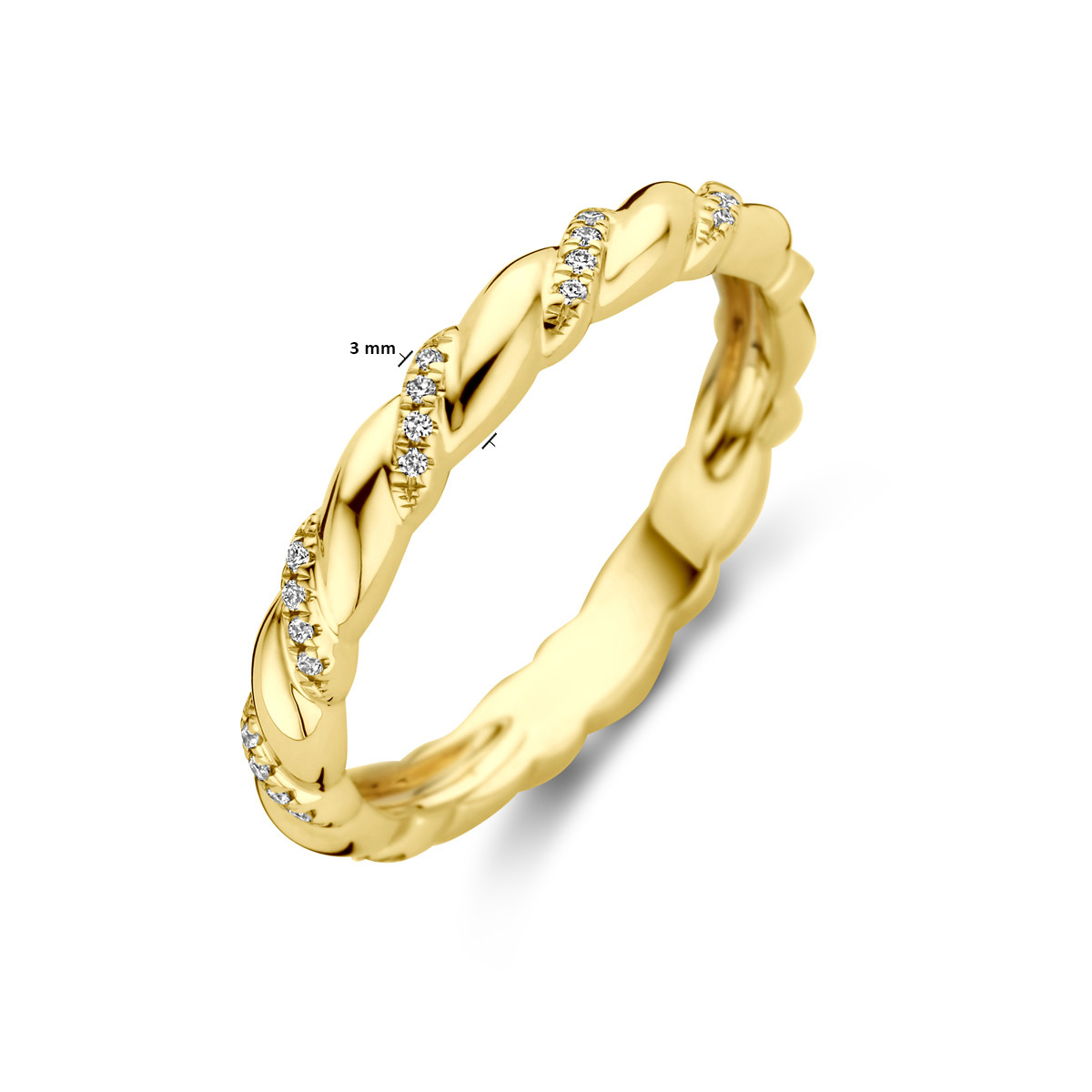 14-karaat gouden gedraaide ring met 0.09 crt diamanten 3 mm breed