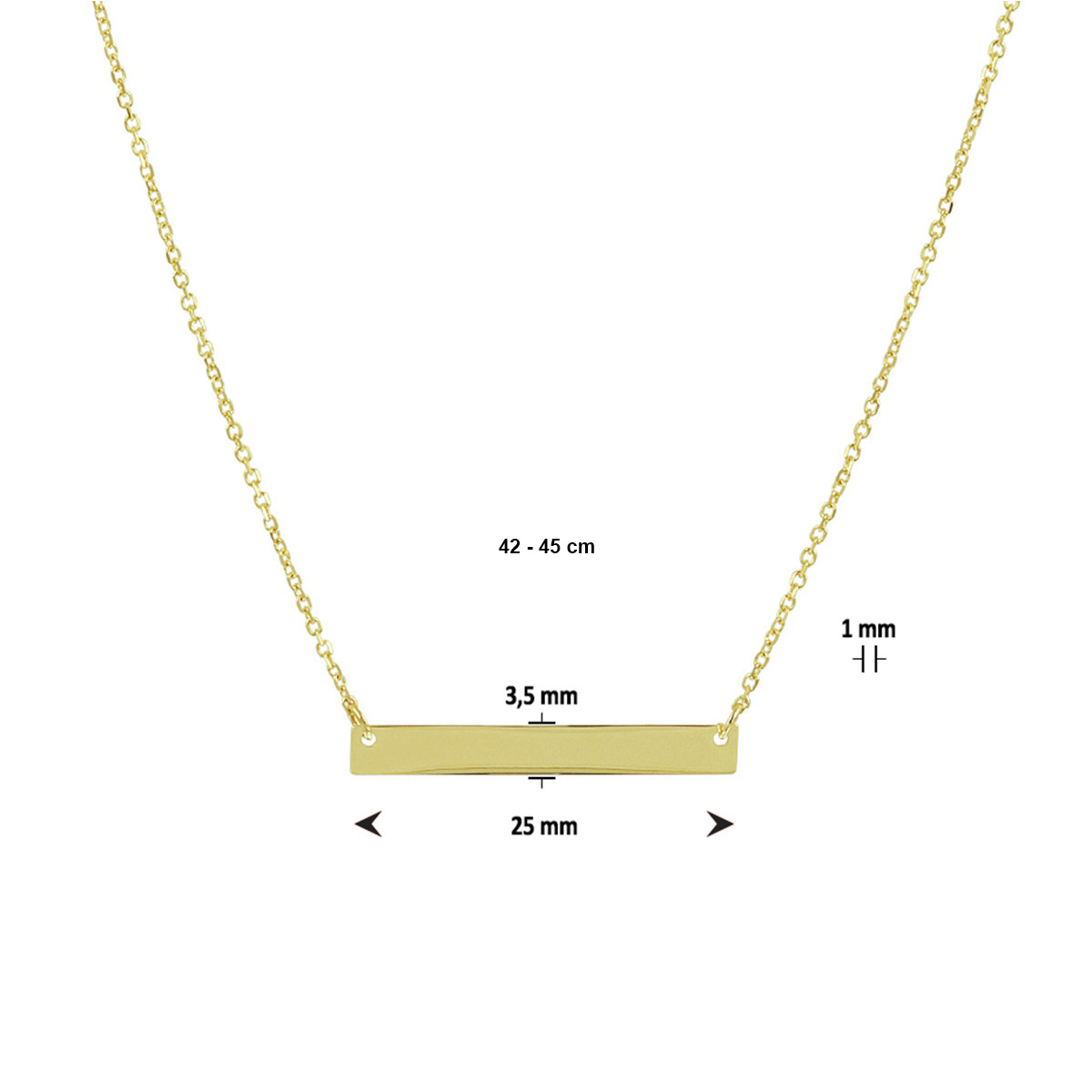 14-karaat gouden gepersonaliseerde ketting met rechthoekige bar hanger - Lengte 42-45 cm
