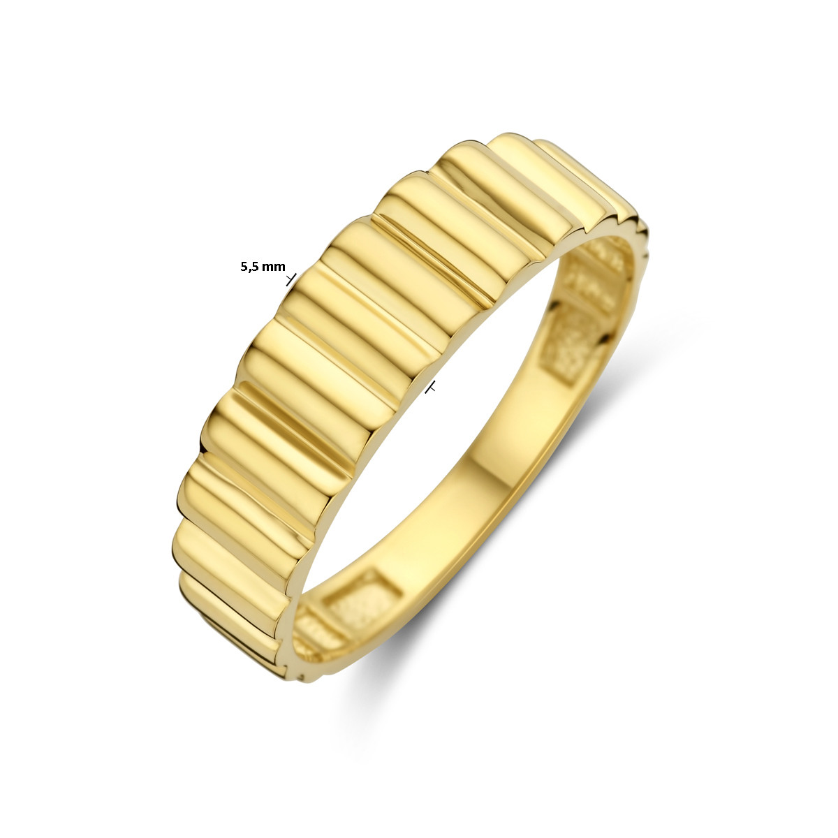 14-karaat gouden glanzende ring met moderne gegolfde structuur 5.5 mm breed