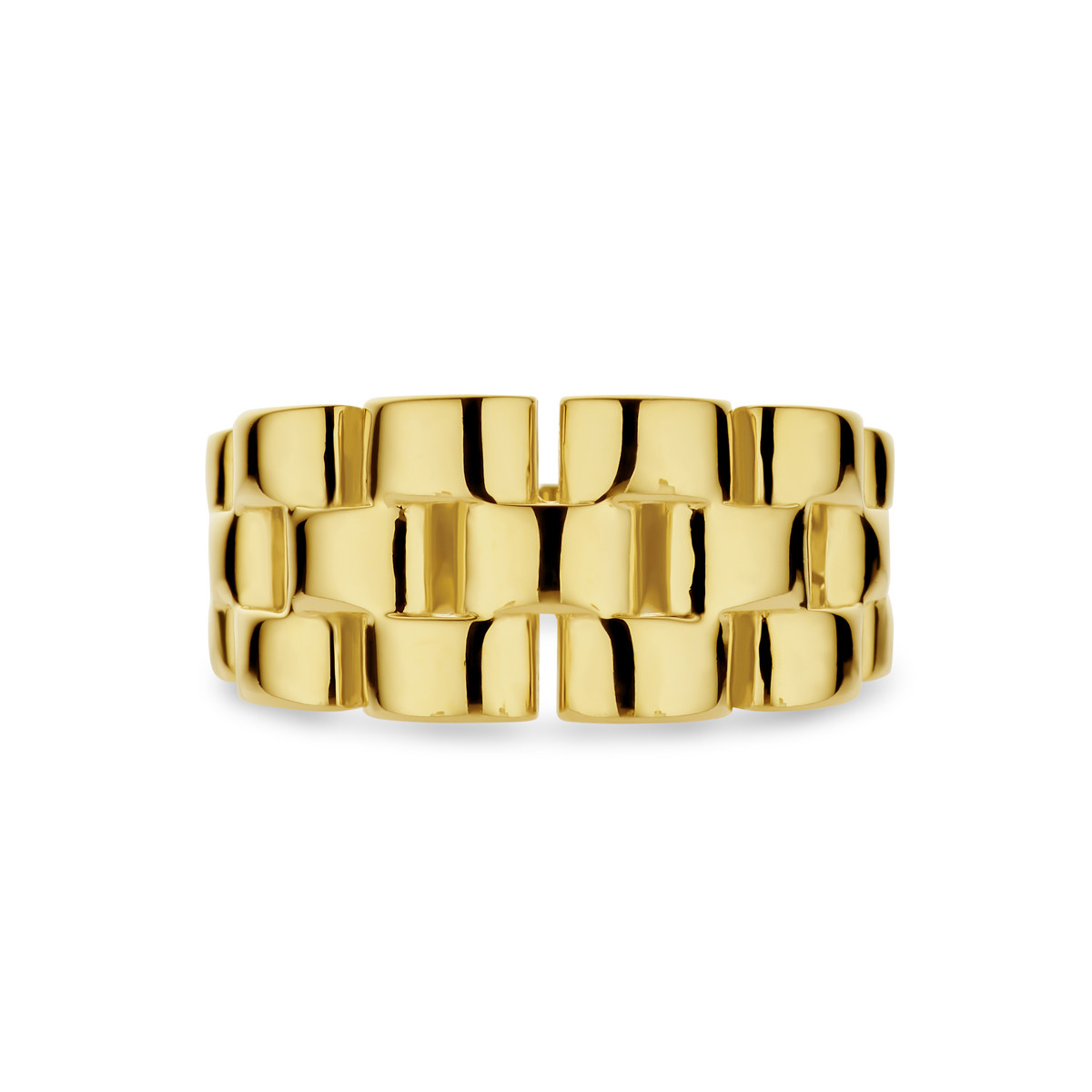 14-karaat gouden glanzende ring met rechthoekige schakels 10 mm breed